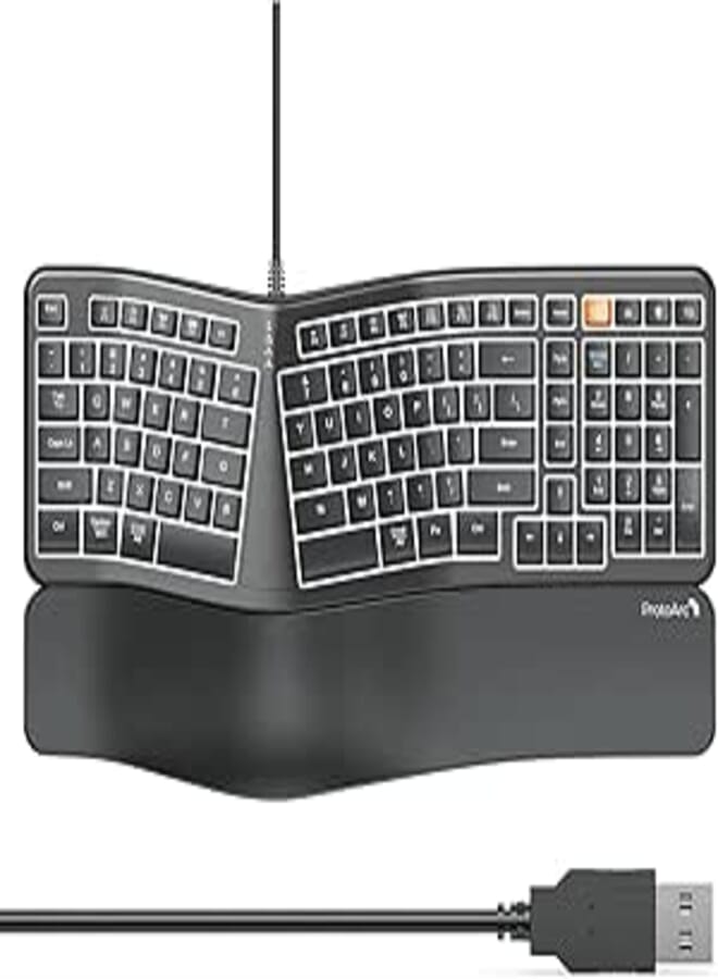 ProtoArc Backlit Wired Ergonomic Keyboard, USB Wired Ergonomic Split Keyboard with Wrist Rest, 104 Keys, Compatible with Desktop, Laptop, Windows, Mac (EK03 Wired)
